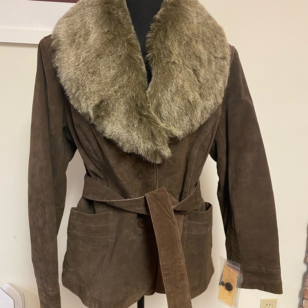 NWT vintage leather suede faux fur collar coat New York Classics brown